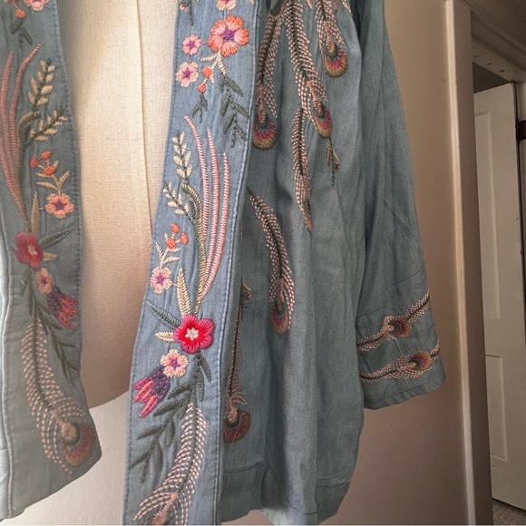 Johnny Was Workshop Embroidered Kimono Coat Medium Light Blue Pink Green - Picture 9 of 16